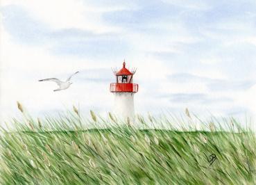 Poster DIN-A3 Aquarell Kunst Maritim Druck Kunstdruck Leuchtturm List Sylt Nordsee Meer Strand Dünen